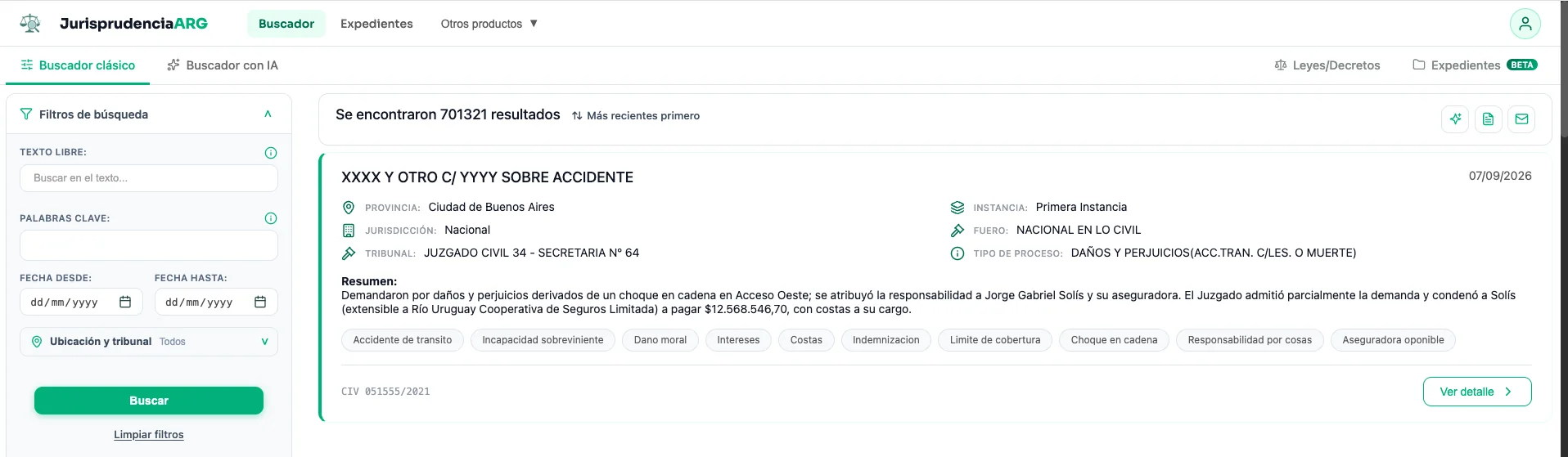 Buscador Jurídico: resultados con resumen, tribunal, fuero y temas