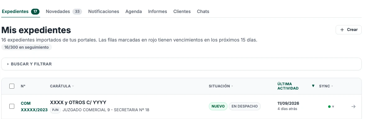 Expedientes: las causas de PJN, EJE, MEV, SIMP, SRT y SISFE en una sola lista